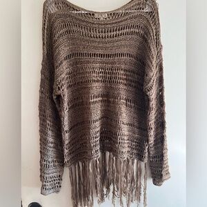 Umgee Taupe Crochet Fringe Sweater